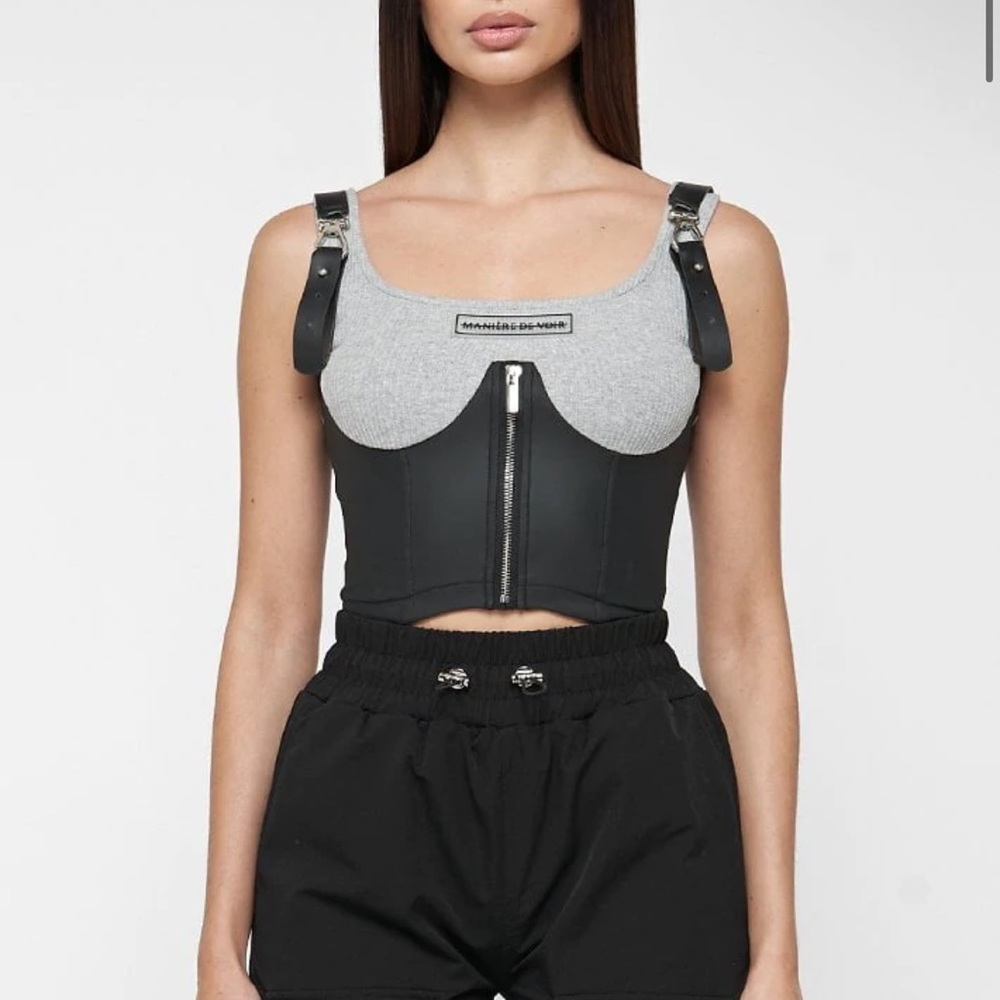Maniere de Voir VEGAN LEATHER CORSET CROP TOP - GREY
